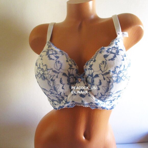 38DDD VICTORIA SECRET Body by Victoria Lightly Lined Demi Bra White Blue Lace - Picture 2 of 7